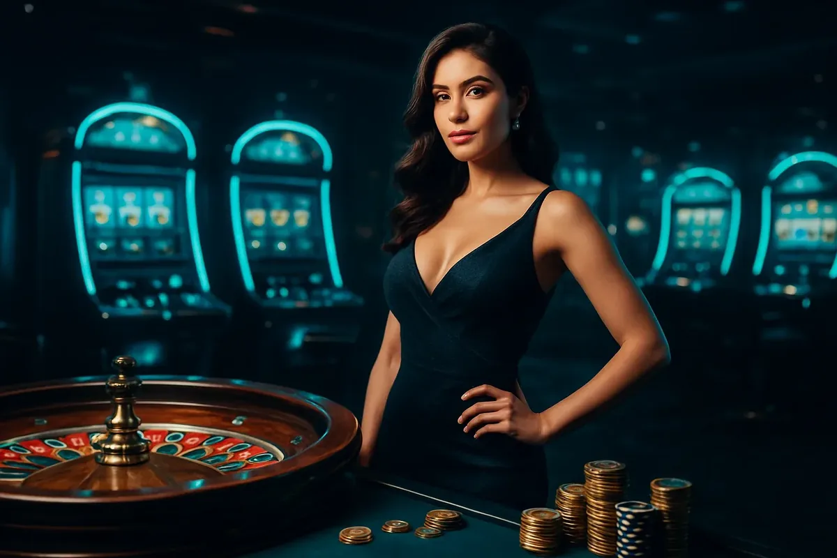 Elegant Casino Banner Confident woman in evening dress near roulette and slot machines with neon green and gold accents in a luxury Bangladeshi casino